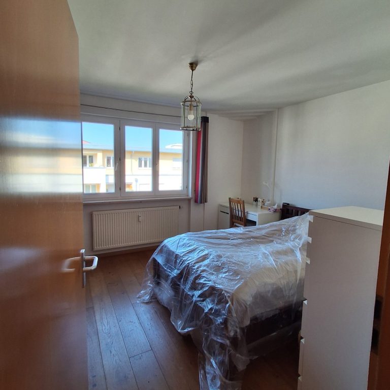 Wohnzimmer Heller Wohnraum mit Sofa, Fernseher, Bücherregalen und Teppichrolle.
