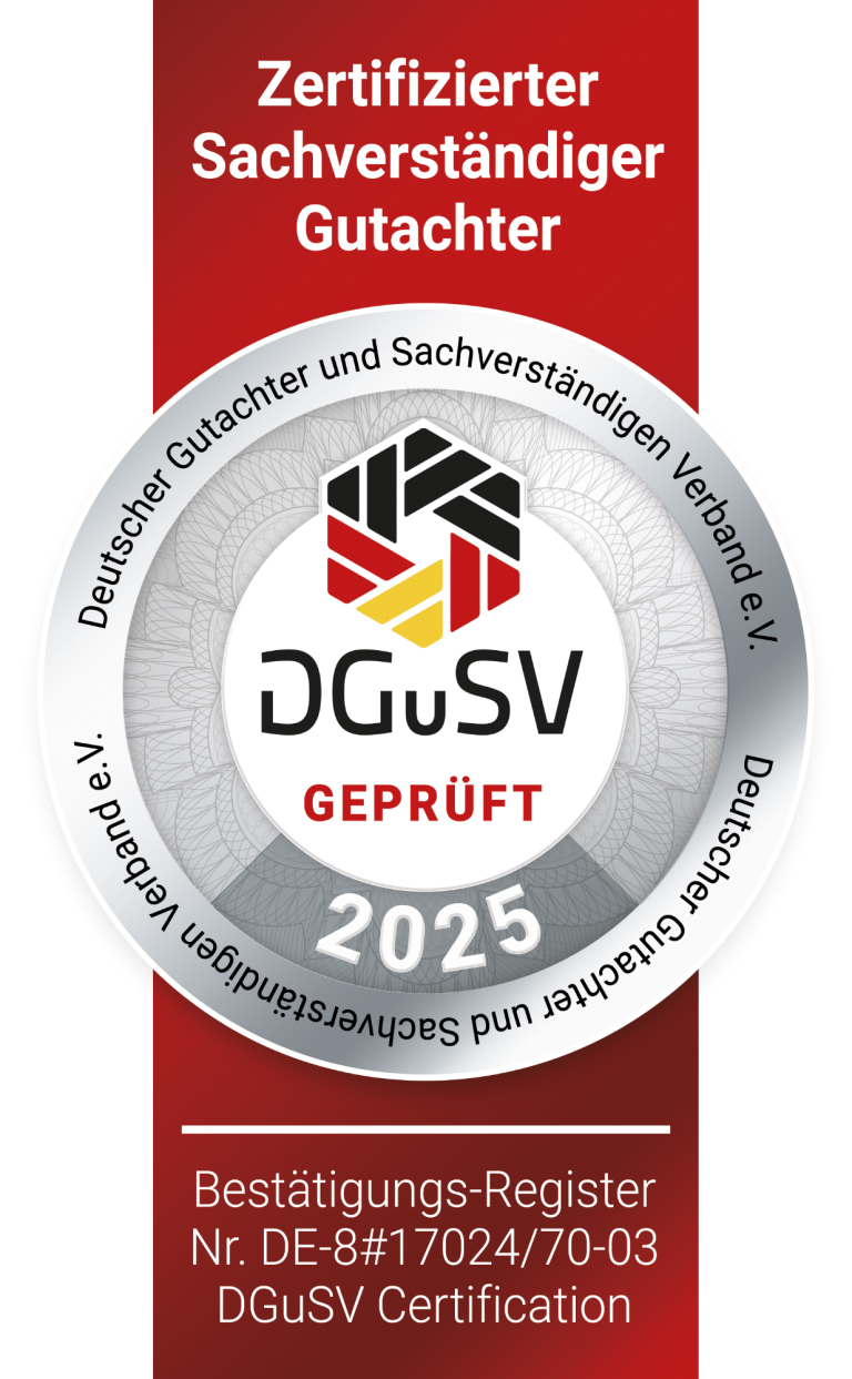 Zertifikat des Deutschen Gutachter und Sachverständigen Verbands e.V. mit Logo.