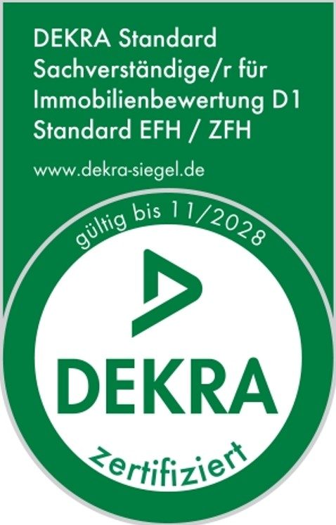DEKRA Standard Zertifikat für Sachverständige zur Immobilienbewertung D1, gültig bis 11/2028.